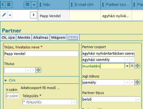 a vezető adatbevitel, partner csoport kitöltve